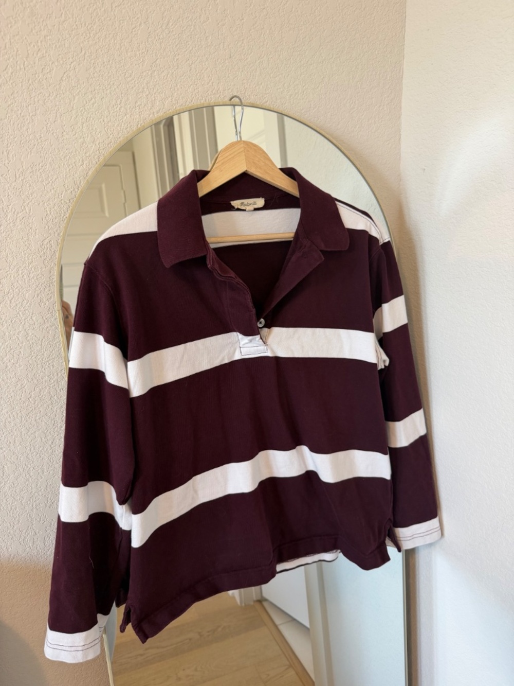 Madewell Rugby Polo Shirt Burgundy Stripe Oversized Cotton Top Size S - Picture 2 of 4